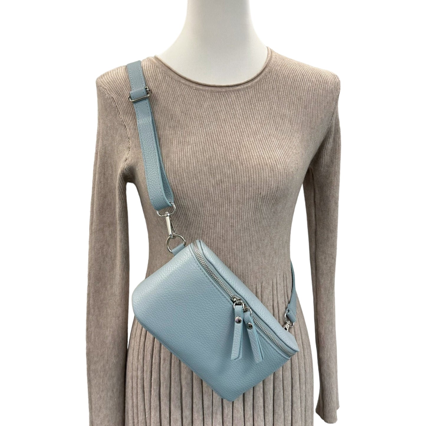 Bauchtasche Leder mit Geldbörse - und Reißverschluss silber