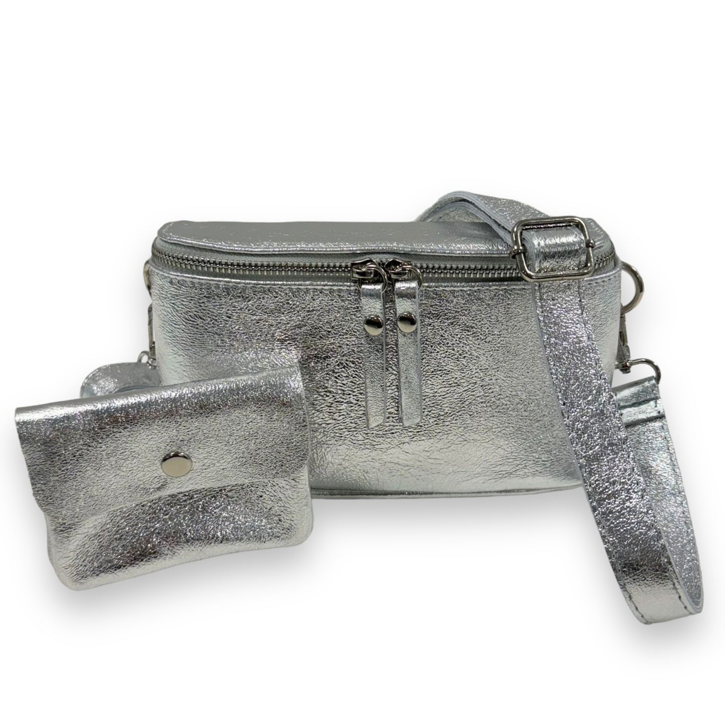 Bauchtasche Leder mit Geldbörse - und Reißverschluss silber