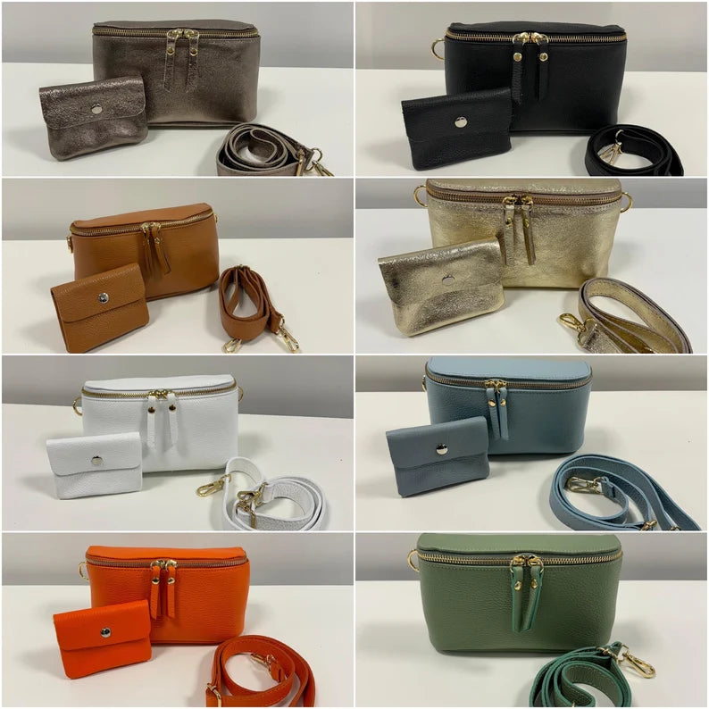 Bauchtasche Leder mit Geldbörse und Reißverschluss gold