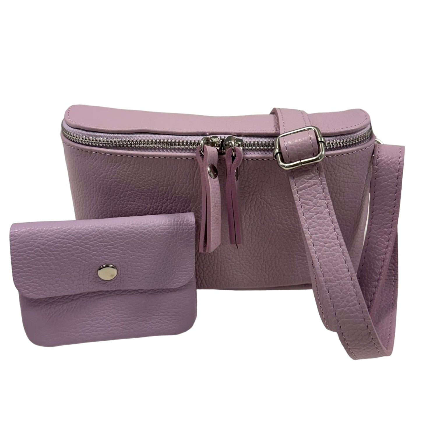 Bauchtasche Leder mit Geldbörse - und Reißverschluss silber