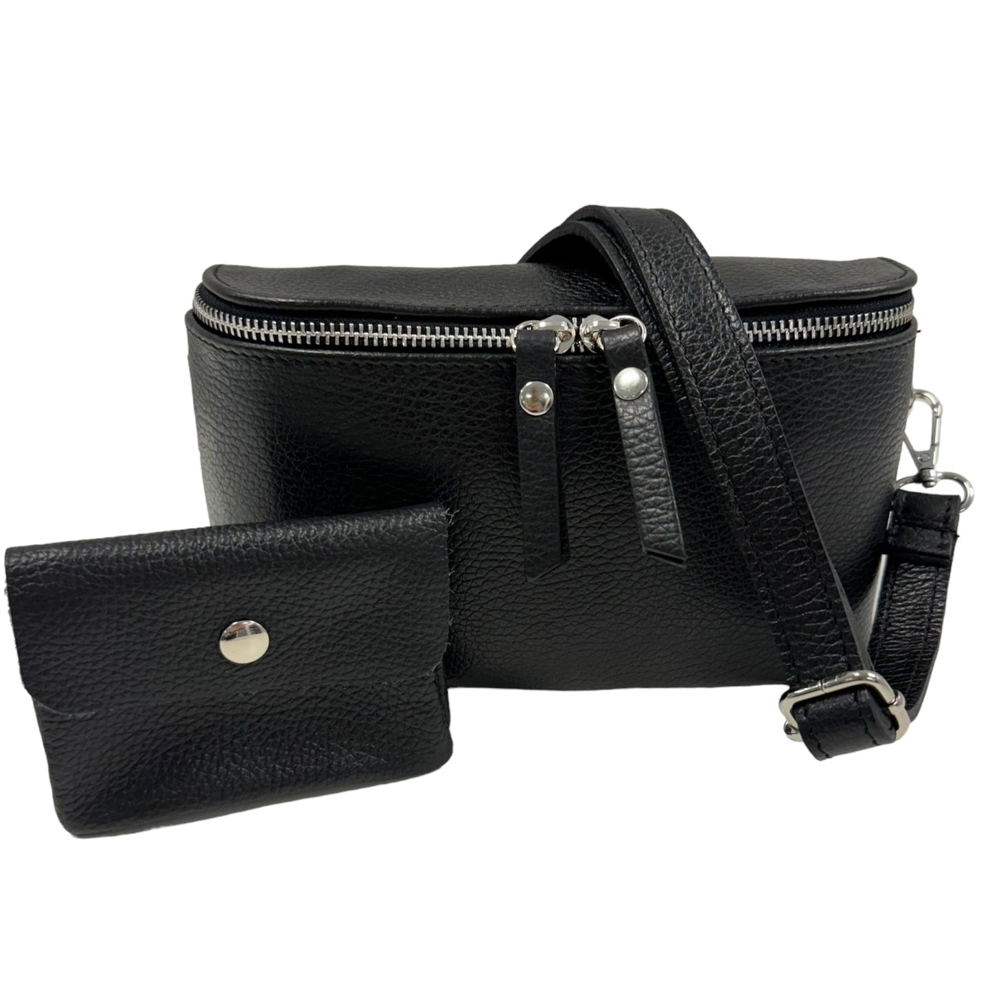 Bauchtasche Leder mit Geldbörse - und Reißverschluss silber