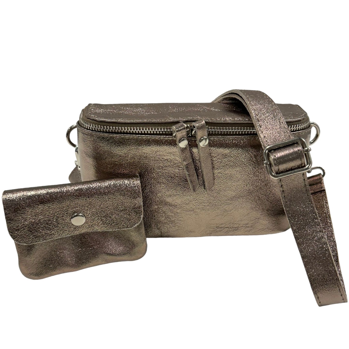 Bauchtasche Leder mit Geldbörse - und Reißverschluss silber