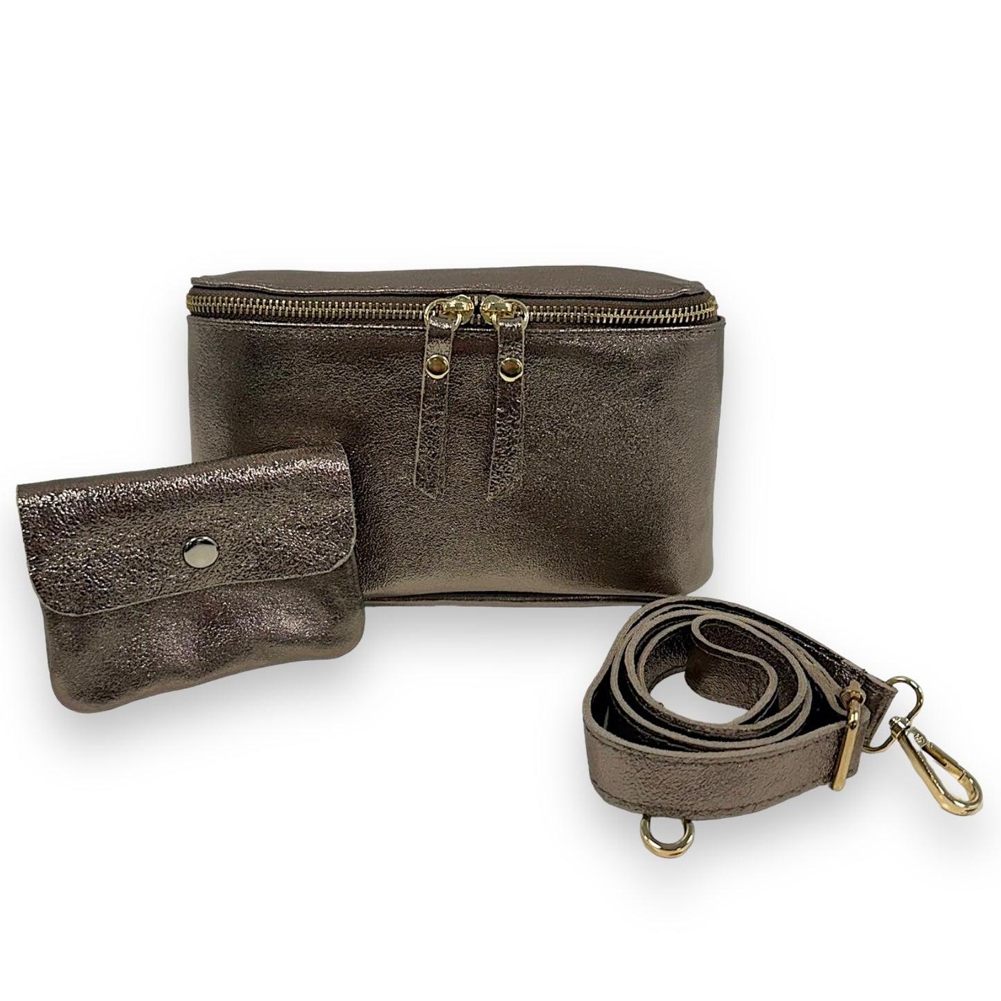 Bauchtasche Leder mit Geldbörse und Reißverschluss gold