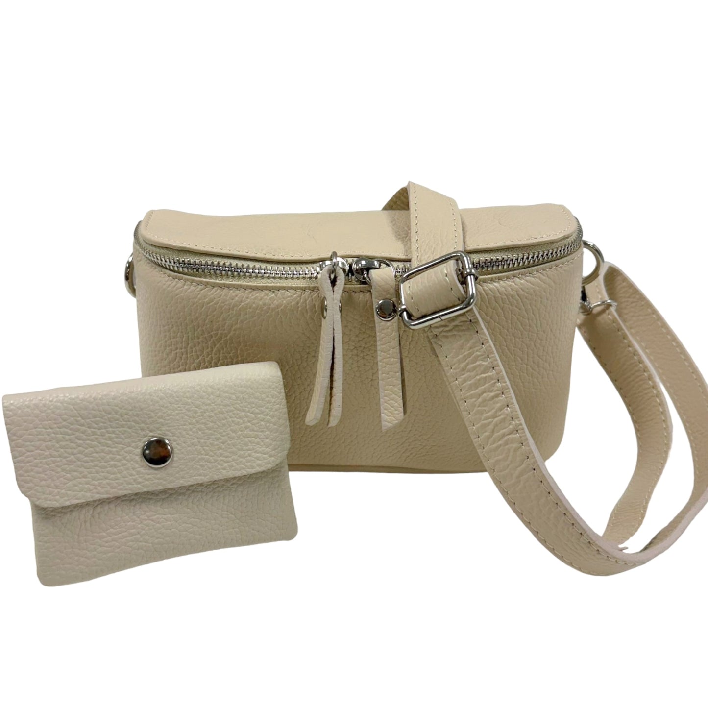 Bauchtasche Leder mit Geldbörse - und Reißverschluss silber