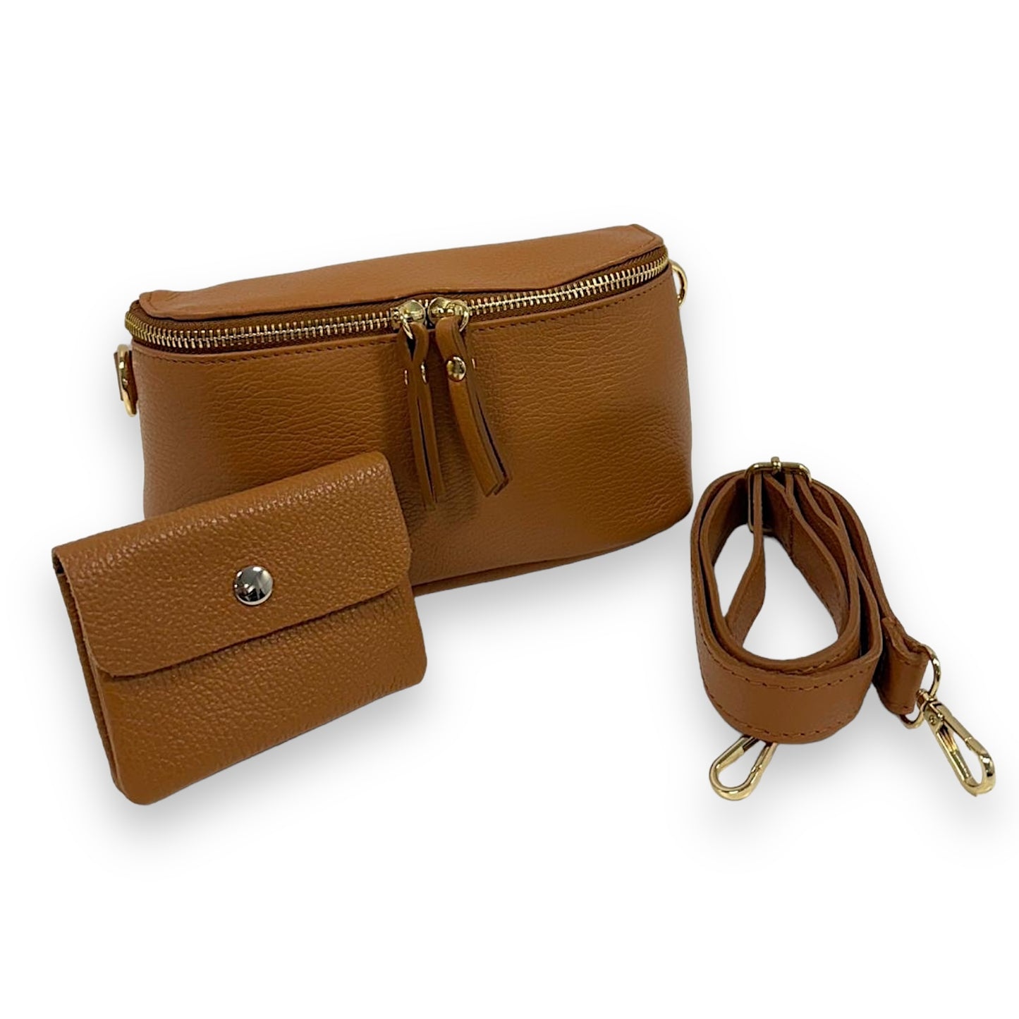 Bauchtasche Leder mit Geldbörse und Reißverschluss gold