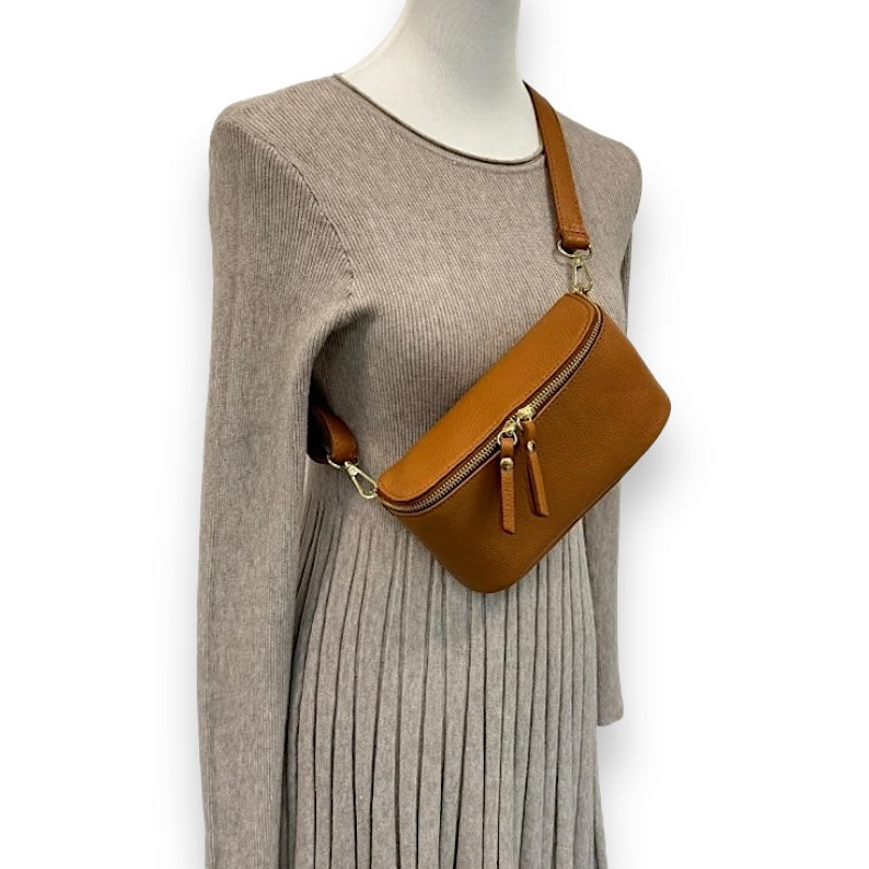 Bauchtasche Leder mit Geldbörse und Reißverschluss gold