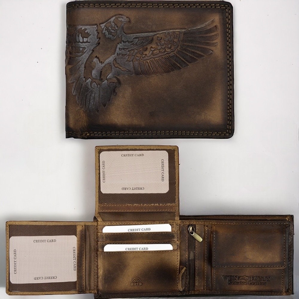 Büffel Leder Geldbörse | Portemonnaie | RFID-Schutz | Herren Brieftasche | Adler Prägung
