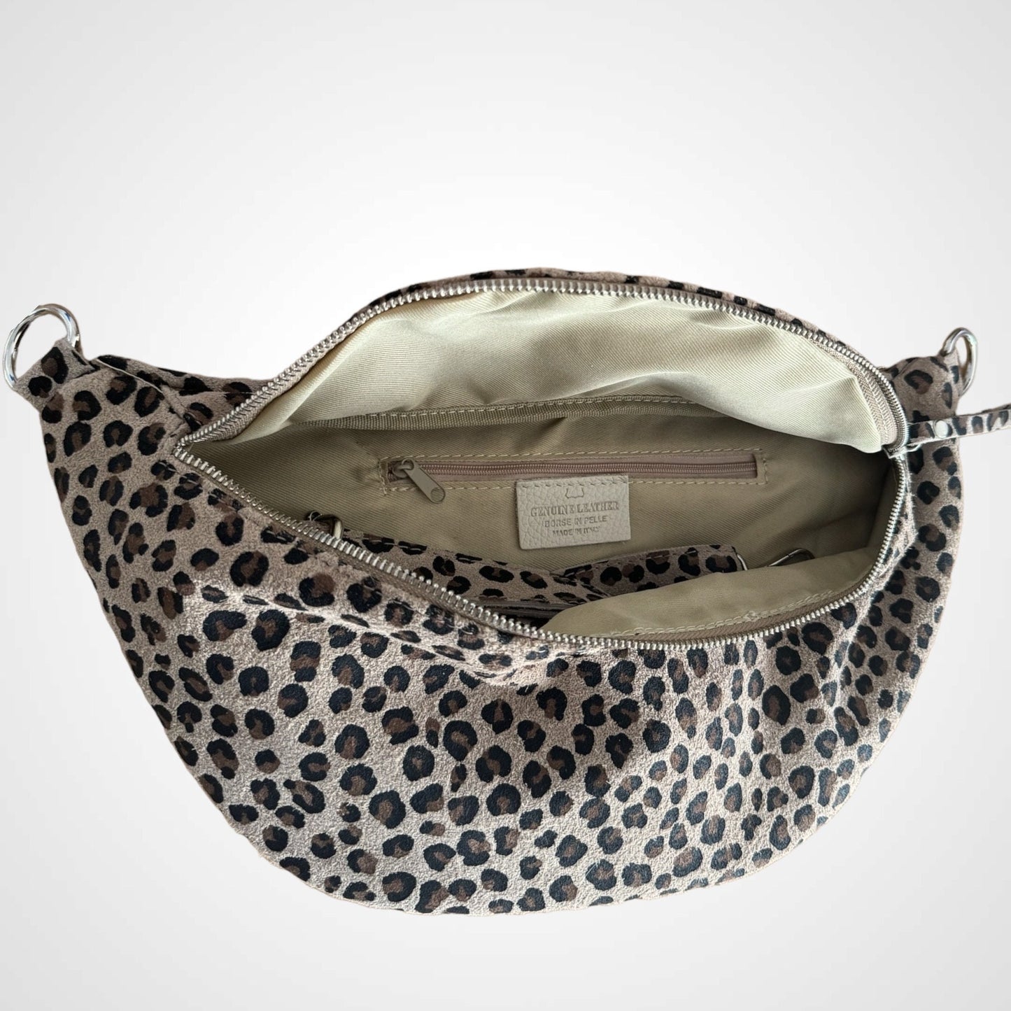 XL Crossbody Bag Leder, Leopard Tasche, Bauchtasche Leo, Slingbag, Crossbag Tasche mit Leopard Muster, Half moon bag, bauchtasche Wildleder