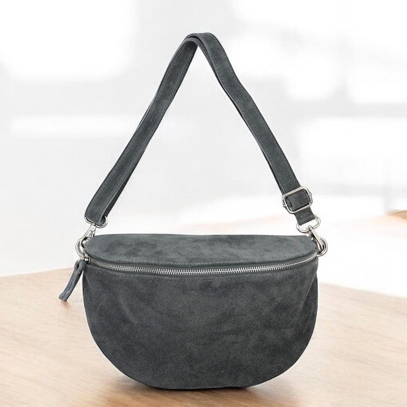 Wildleder Crossbody Bag Damen, Bauchtasche L-Plus, Umhängetasche aus Veloursleder, Gürteltasche mit Reißverschluss, Modisch