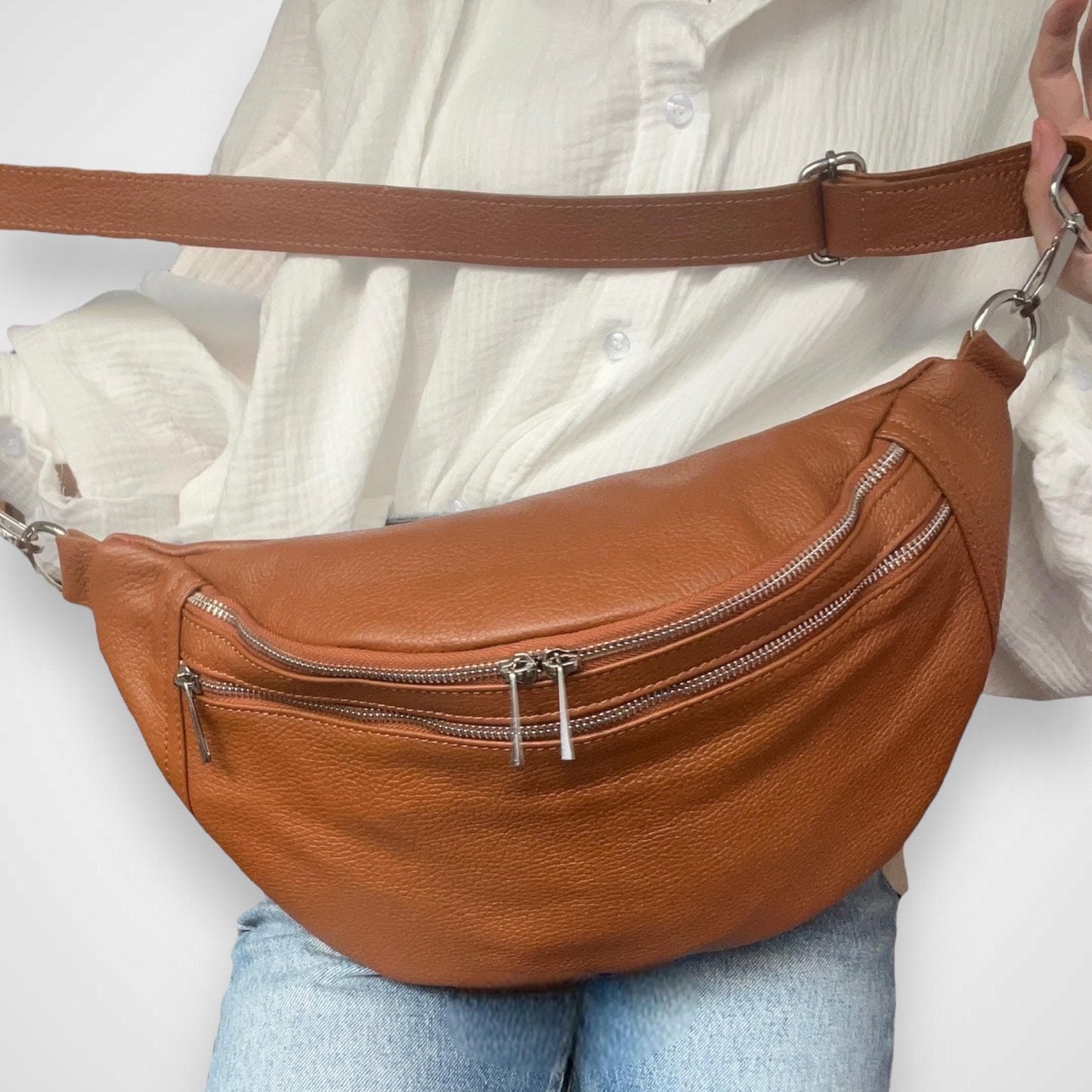 XL Crossbody Bag Leder mit Extra Fach, Damen Ledertasche, Große Umhängetasche, Gürteltasche,Geschenk für Sie, XL Bauchtasche Leder, Premium