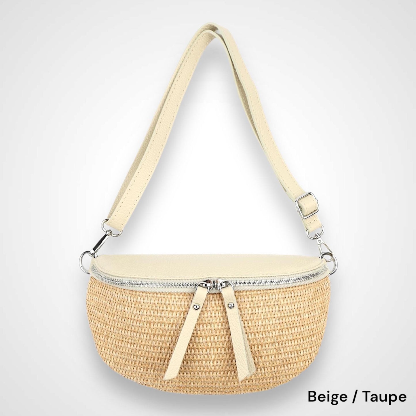 Bauchtasche Stroh mit Leder, Tasche Stroh,Umhängetasche,Tasche Damen, Gürteltasche, Crossbody bag, Hüfttasche, mit silbernem Reißverschluss