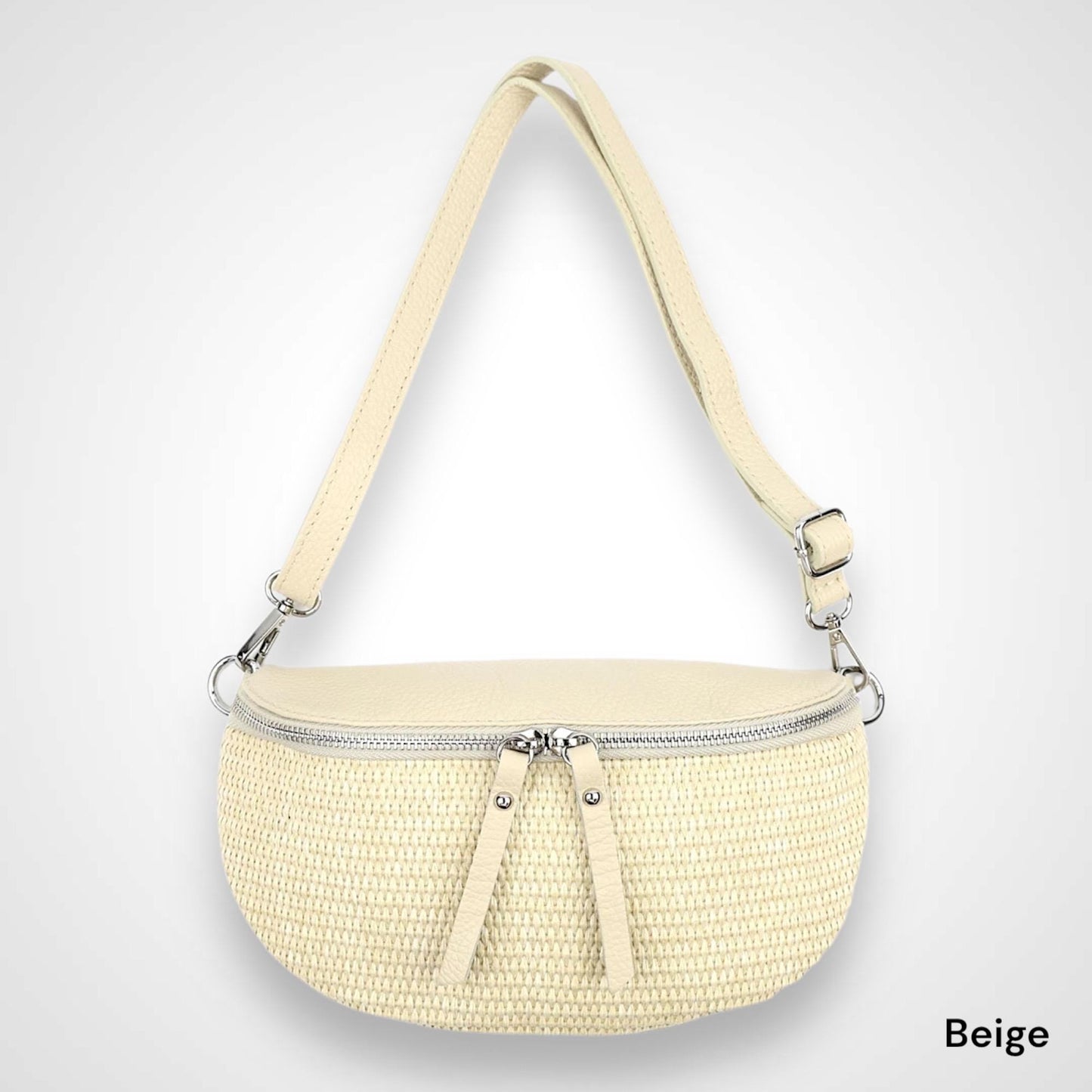Bauchtasche Stroh mit Leder, Tasche Stroh,Umhängetasche,Tasche Damen, Gürteltasche, Crossbody bag, Hüfttasche, mit silbernem Reißverschluss