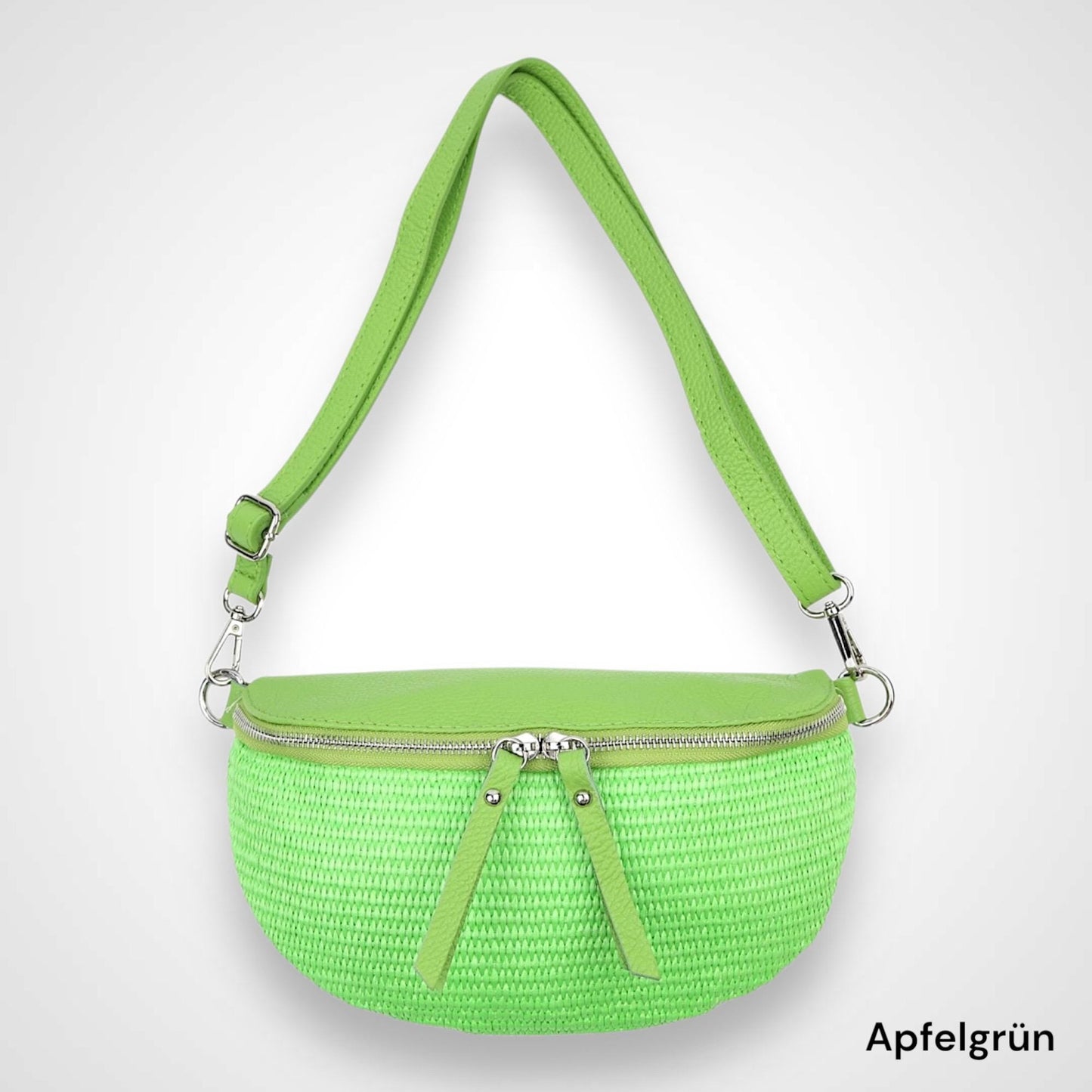 Bauchtasche Stroh mit Leder, Tasche Stroh,Umhängetasche,Tasche Damen, Gürteltasche, Crossbody bag, Hüfttasche, mit silbernem Reißverschluss