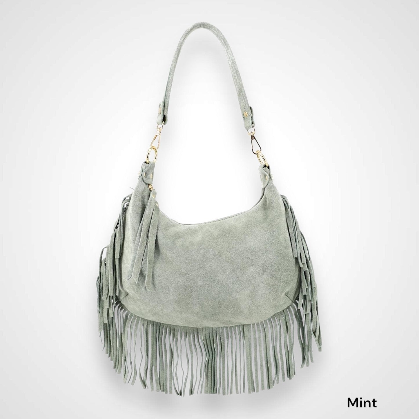 Wildleder Tasche, Umhängetasche mit Fransen, Crossbody Bag, Baguette bag, Clap Bag, Veloursleder, Schultertasche, Ledertasche Damen