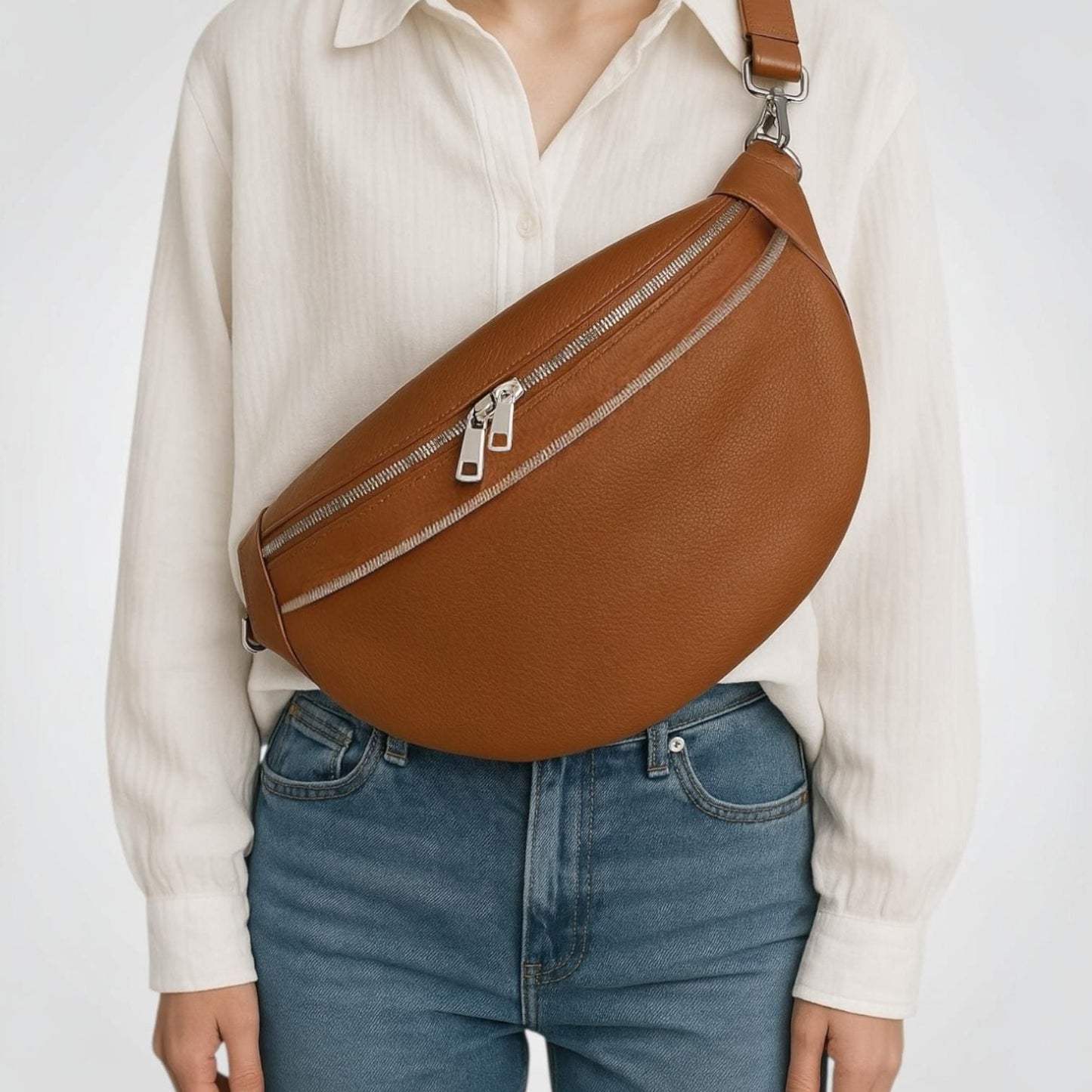 XL Crossbody Bag Leder mit Extra Fach, Damen Ledertasche, Große Umhängetasche, Gürteltasche,Geschenk für Sie, XL Bauchtasche Leder, Premium