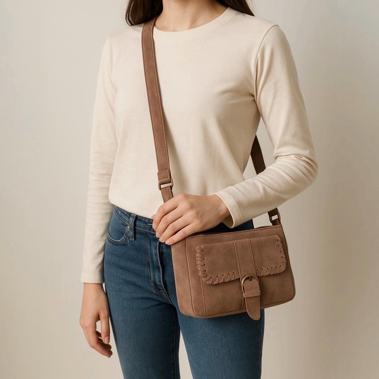 Umhängetasche Wildleder , Clap Bag, viereckige Tasche, Ledertasche, Crossbody Bag Damen, Crossbag Veloursleder, Schultertasche Wildleder