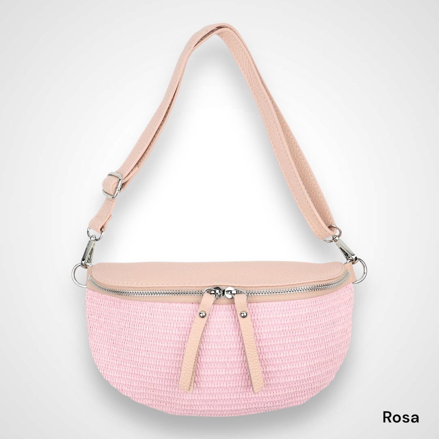 Bauchtasche Stroh mit Leder, Tasche Stroh,Umhängetasche,Tasche Damen, Gürteltasche, Crossbody bag, Hüfttasche, mit silbernem Reißverschluss