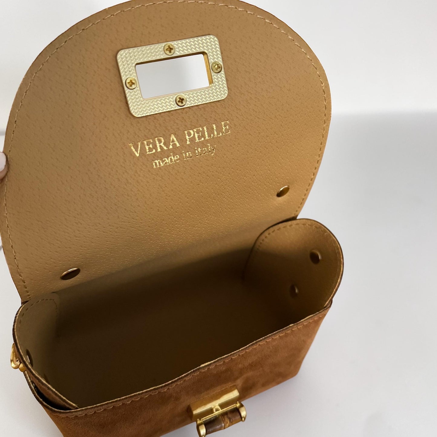 Damen Mini Wildleder Tasche Cognac – Crossbody Handtasche Gold