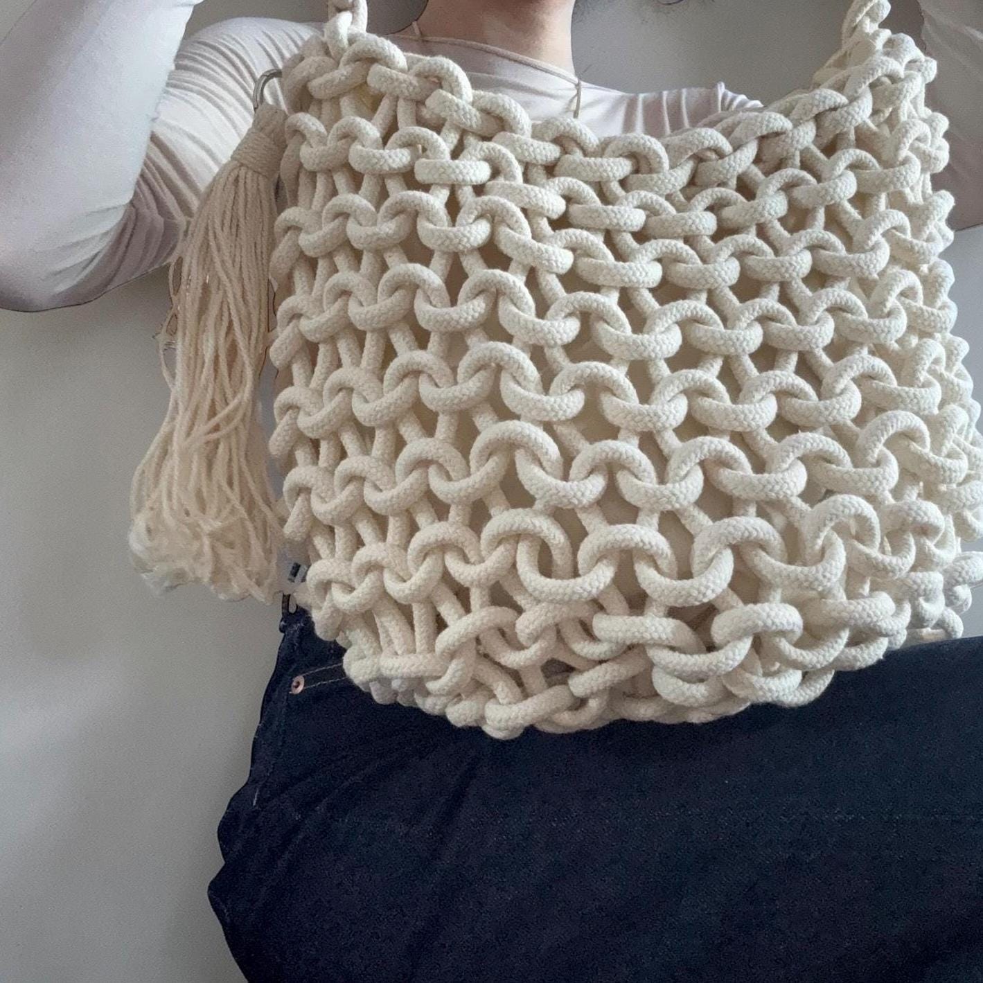 Damen Boho Makramee Tasche Creme – Umhängetasche Häkeltasche