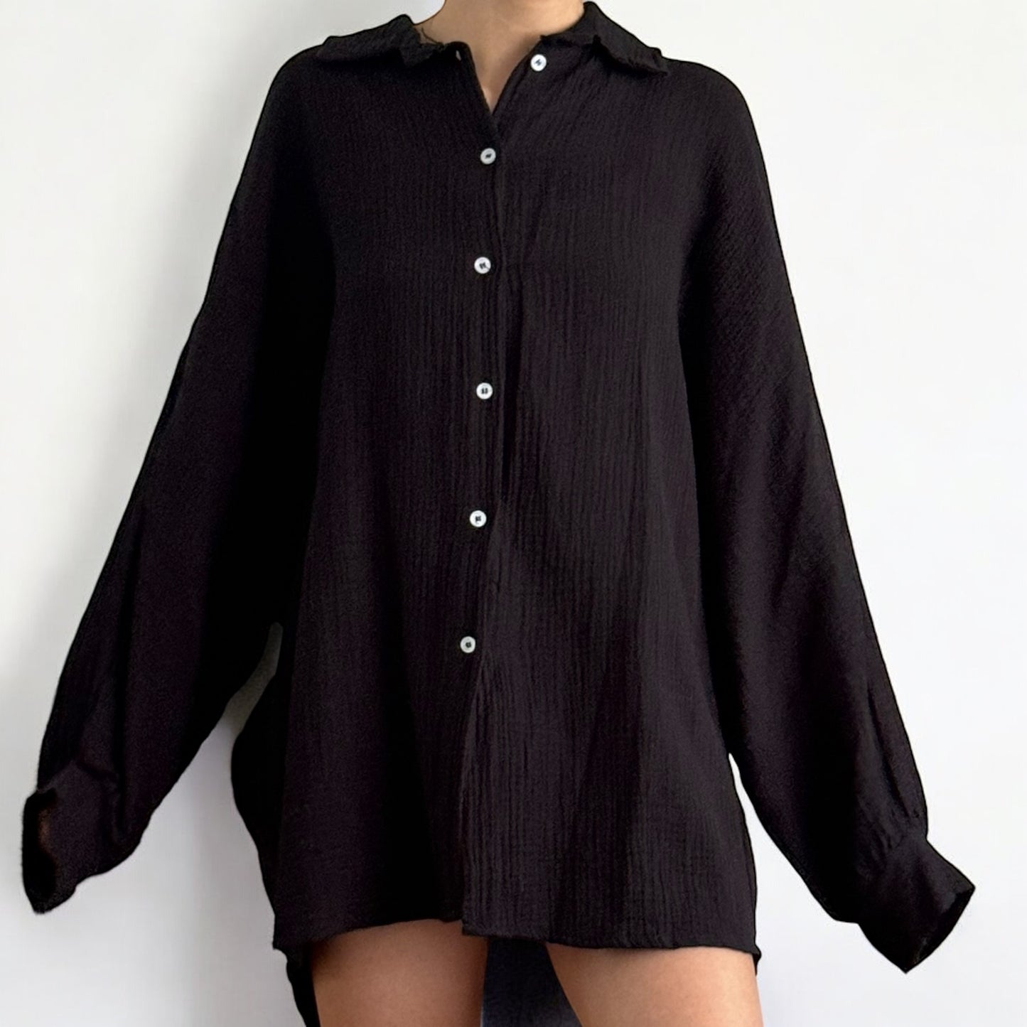 Oversize Musselinbluse Lang  - Schwarz