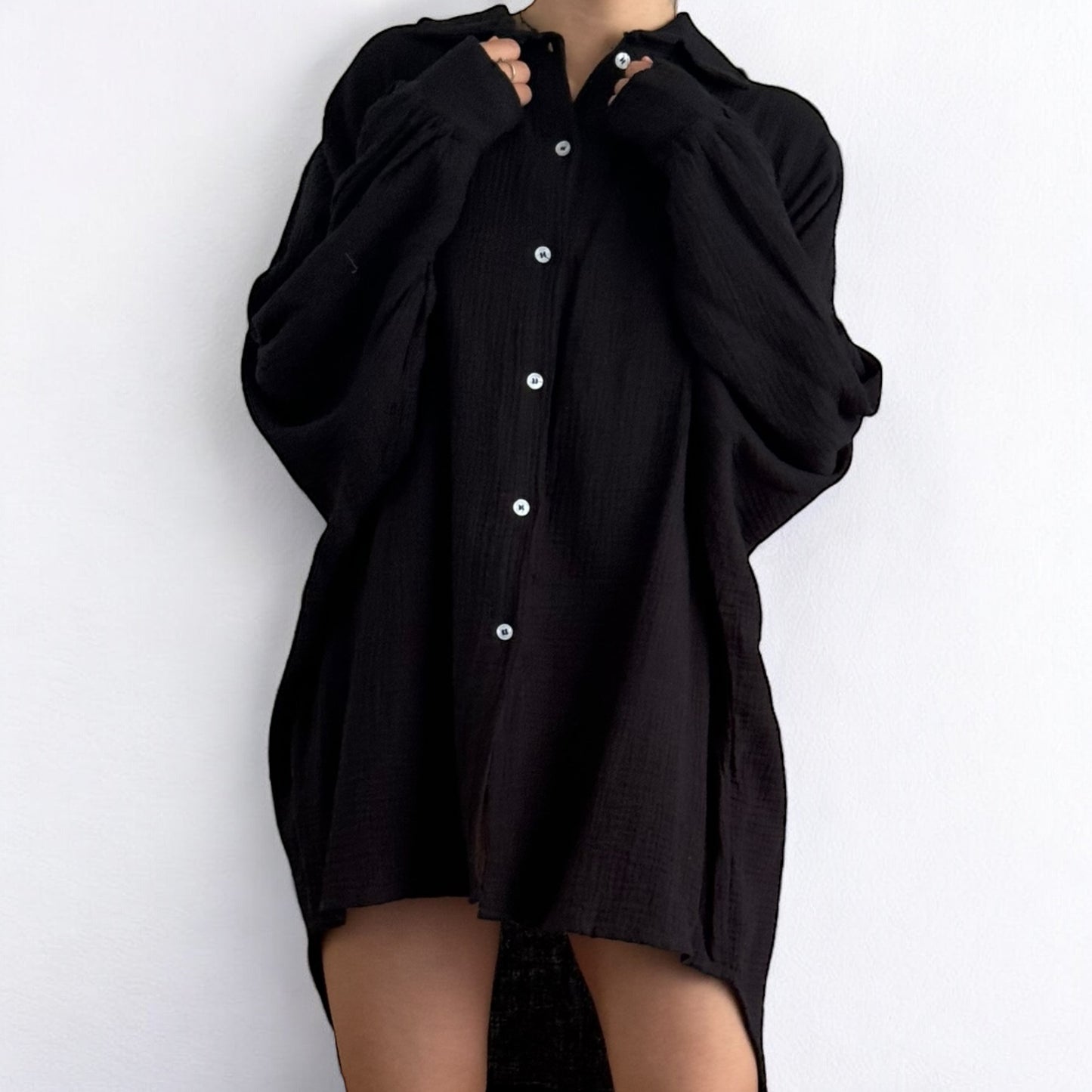Oversize Musselinbluse Lang  - Schwarz