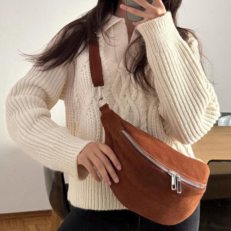 Damen Wildleder Crossbody Bag Bauchtasche Umhängetasche Echtleder