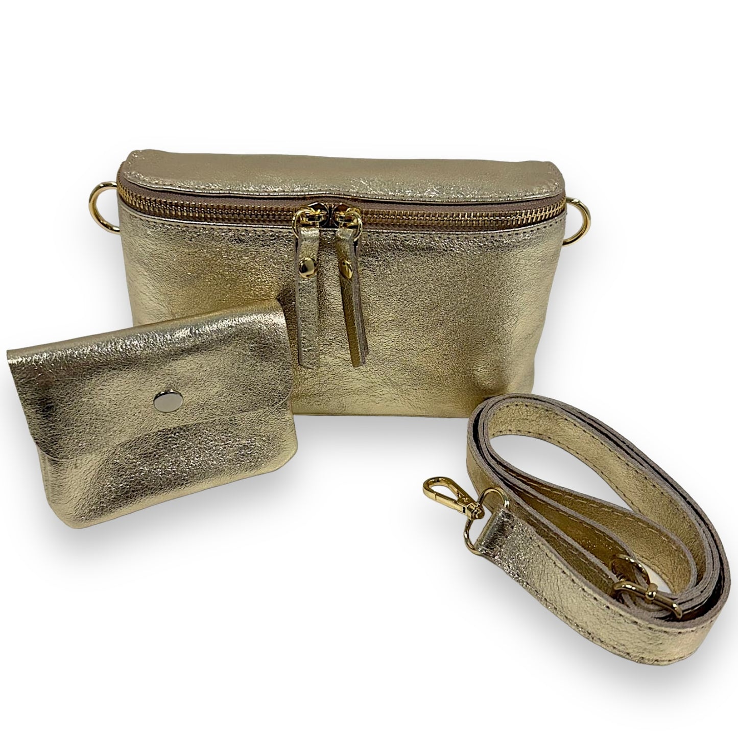 Bauchtasche Leder mit Geldbörse und Reißverschluss gold