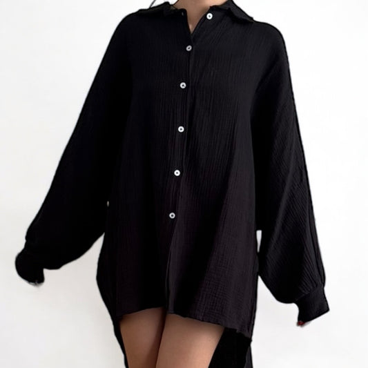 Oversize Musselinbluse Lang  - Schwarz