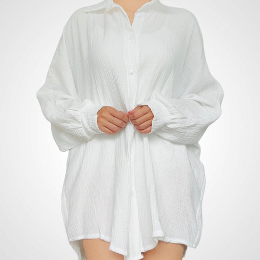 Oversize Musselinbluse Lang  - Weiß