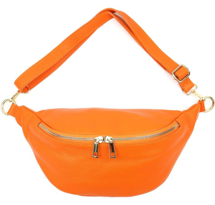 Damen Leder Crossbody Bag Echtleder Bauchtasche Umhängetasche Gold Reißverschluss