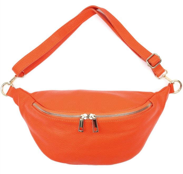 Damen Leder Crossbody Bag Echtleder Bauchtasche Umhängetasche Gold Reißverschluss