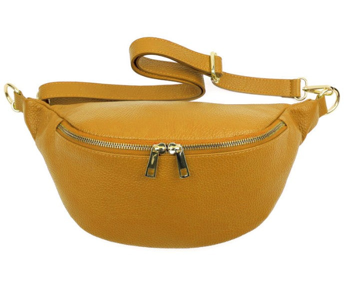 Damen Leder Crossbody Bag Echtleder Bauchtasche Umhängetasche Gold Reißverschluss