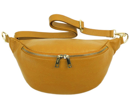 Damen Leder Crossbody Bag Echtleder Bauchtasche Umhängetasche Gold