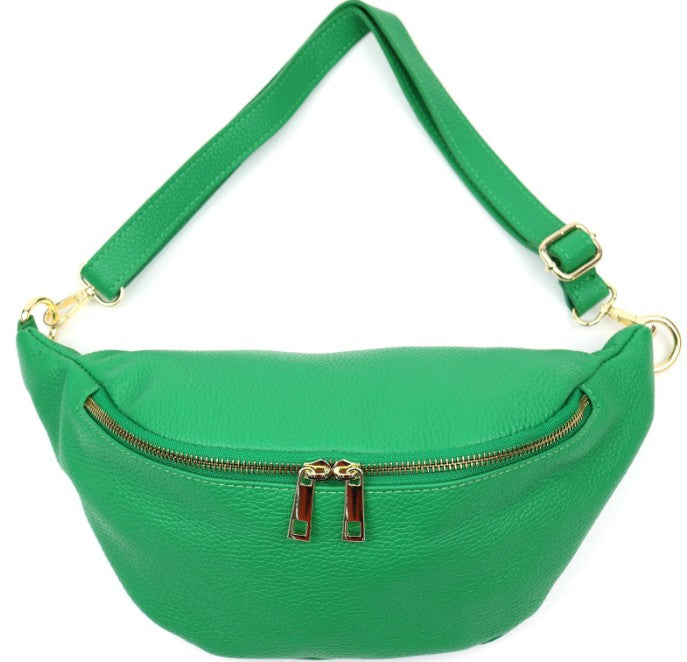 Damen Leder Crossbody Bag Echtleder Bauchtasche Umhängetasche Gold Reißverschluss