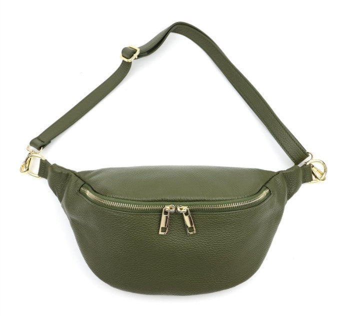 Damen Leder Crossbody Bag Echtleder Bauchtasche Umhängetasche Gold Reißverschluss