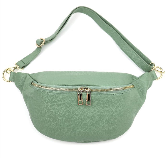 Damen Leder Crossbody Bag Echtleder Bauchtasche Umhängetasche Gold Reißverschluss