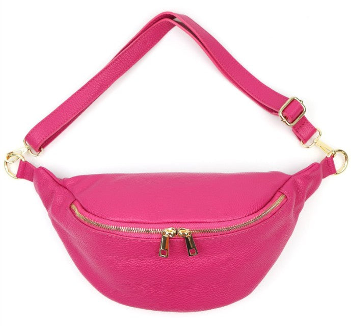 Damen Leder Crossbody Bag Echtleder Bauchtasche Umhängetasche Gold Reißverschluss