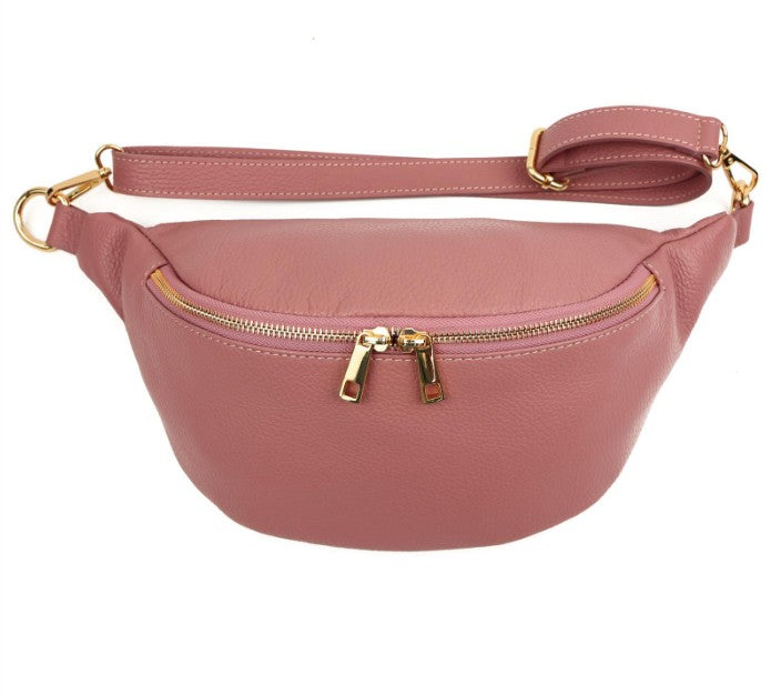 Damen Leder Crossbody Bag Echtleder Bauchtasche Umhängetasche Gold Reißverschluss