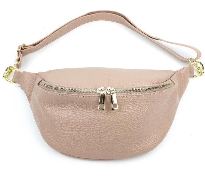 Damen Leder Crossbody Bag Echtleder Bauchtasche Umhängetasche Gold Reißverschluss
