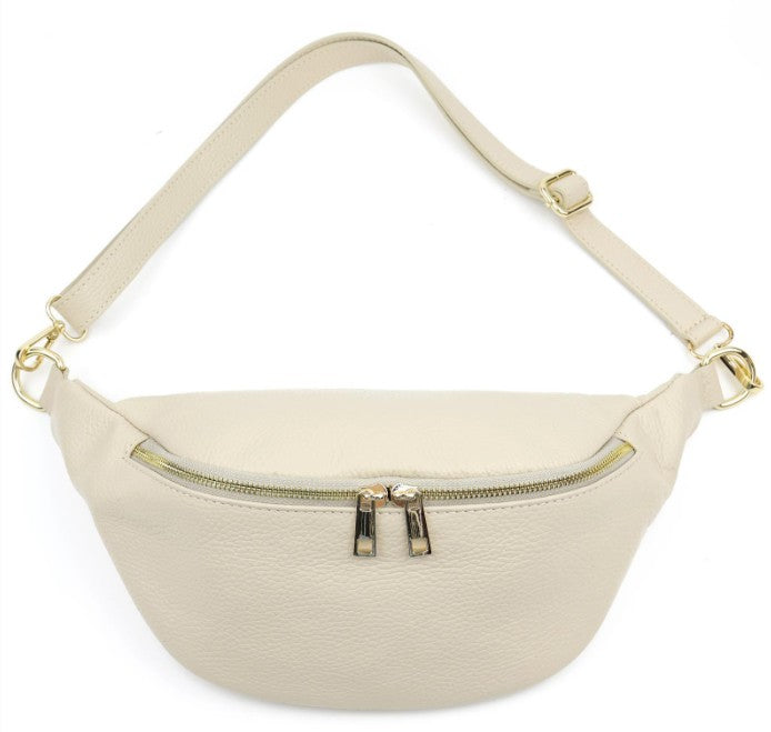 Damen Leder Crossbody Bag Echtleder Bauchtasche Umhängetasche Gold Reißverschluss