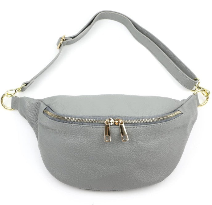 Damen Leder Crossbody Bag Echtleder Bauchtasche Umhängetasche Gold Reißverschluss