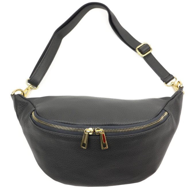 Damen Leder Crossbody Bag Echtleder Bauchtasche Umhängetasche Gold Reißverschluss