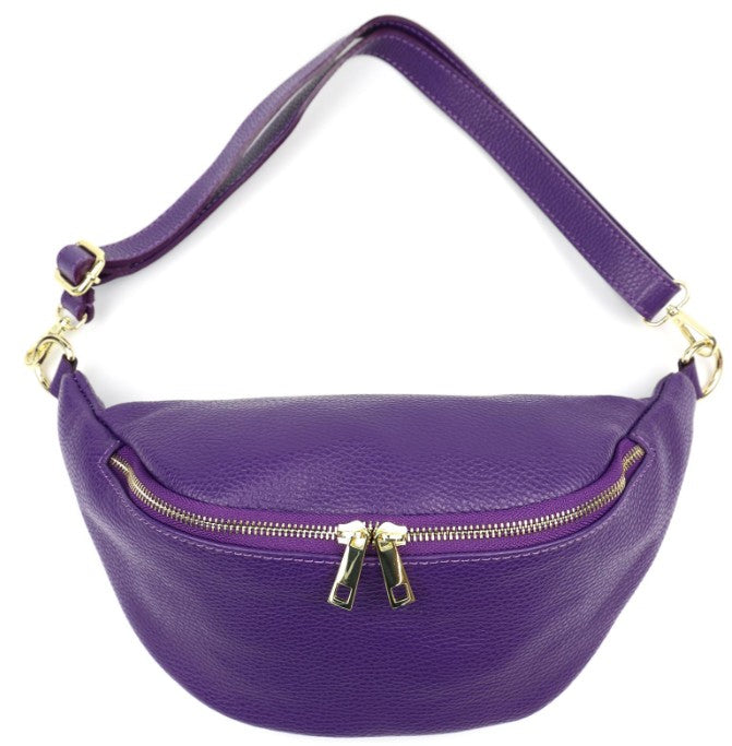 Damen Leder Crossbody Bag Echtleder Bauchtasche Umhängetasche Gold Reißverschluss