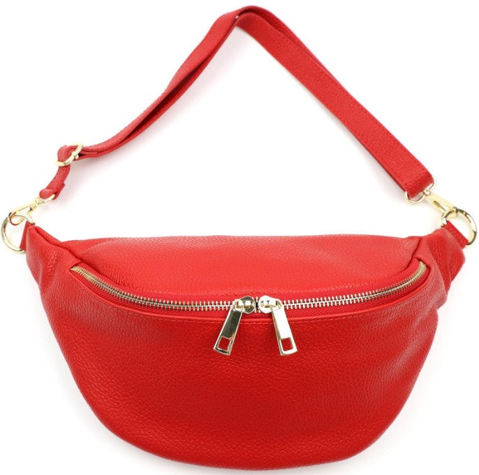 Damen Leder Crossbody Bag Echtleder Bauchtasche Umhängetasche Gold Reißverschluss