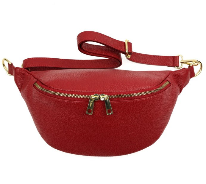 Damen Leder Crossbody Bag Echtleder Bauchtasche Umhängetasche Gold Reißverschluss