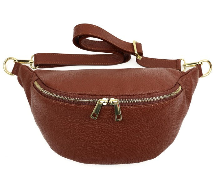 Damen Leder Crossbody Bag Echtleder Bauchtasche Umhängetasche Gold Reißverschluss