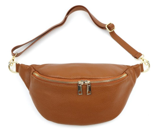 Damen Leder Crossbody Bag Echtleder Bauchtasche Umhängetasche Gold