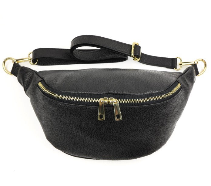 Damen Leder Crossbody Bag Echtleder Bauchtasche Umhängetasche Gold Reißverschluss