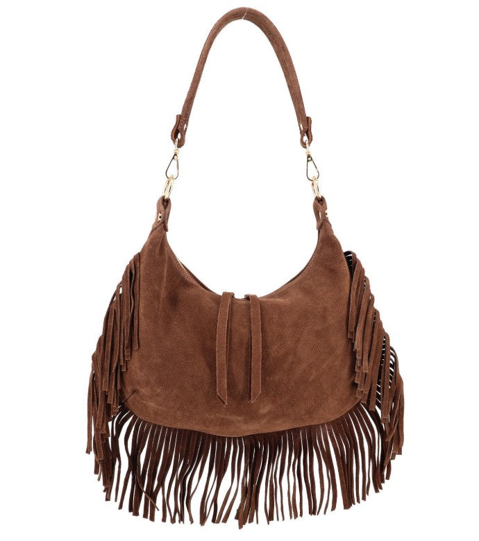 Damen Wildleder Fransentasche Boho Schultertasche Leder