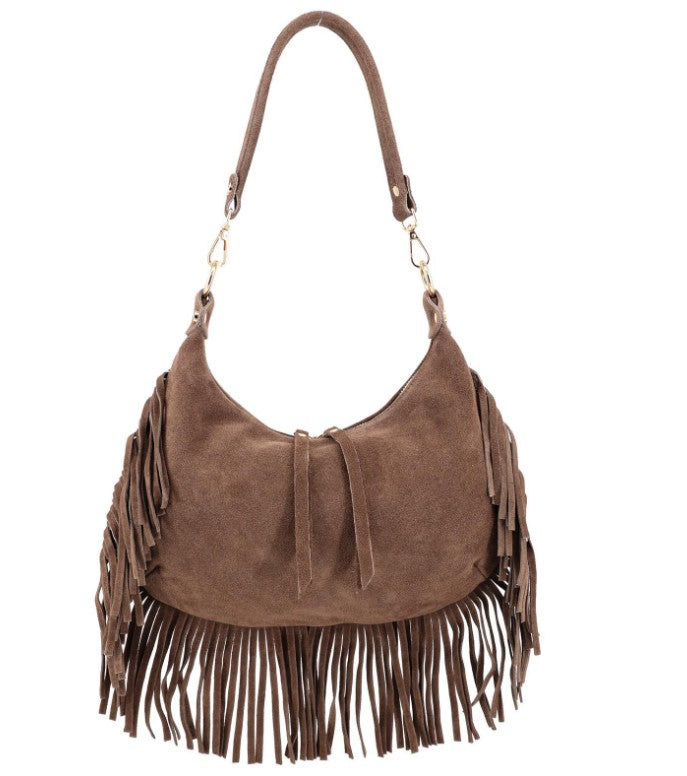 Damen Wildleder Fransentasche Boho Schultertasche Leder